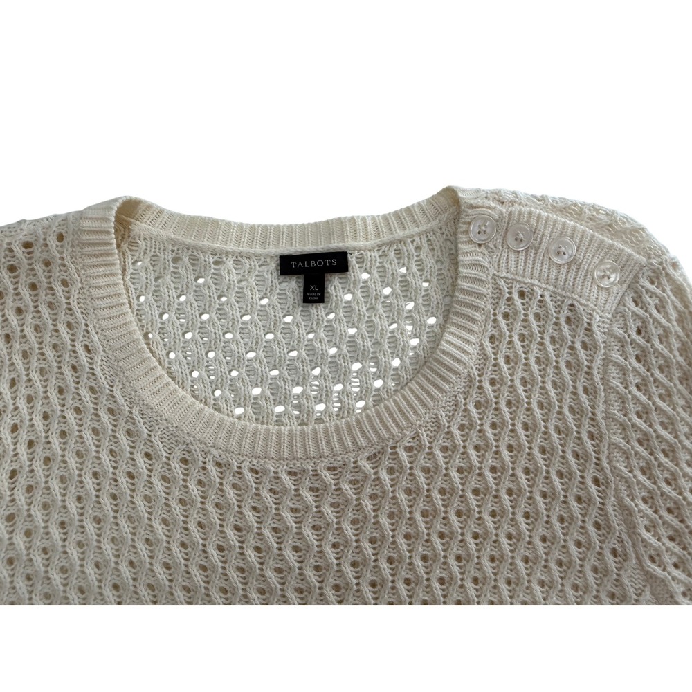 TALBOTS Cream Textured Knit Crew Neck Sweater Womens XL Button Shoulder Detail - Picture 6 of 9